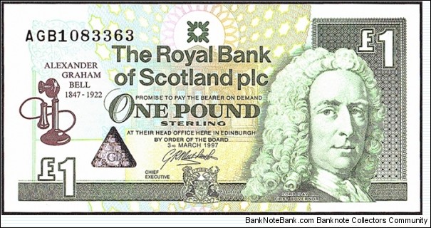 Scotland 1997 1 Pound.

Birth Sesquicentenary of Alexander Graham Bell. Banknote