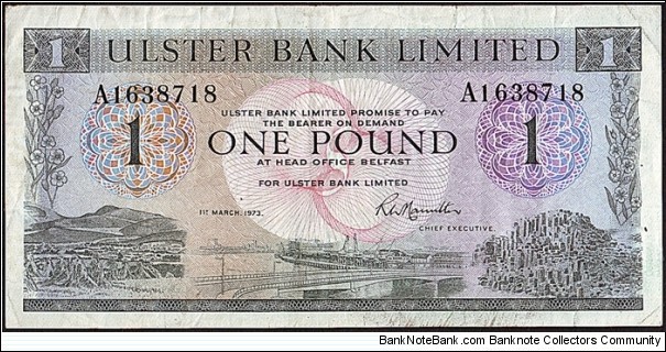 Ulster (Northern Ireland) 1973 1 Pound. Banknote