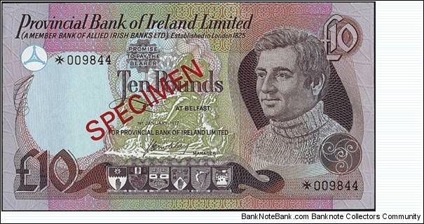 Ulster (Northern Ireland) 1977 10 Pounds.

Specimen note. Banknote