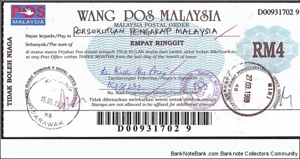 Sarawak 1999 4 Ringgit postal order. Banknote