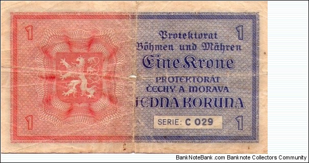 1 kronne
protectorat of Bohemia and Morava Banknote