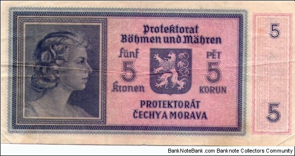 5 kronen ,prptektorat cechy and morava Banknote