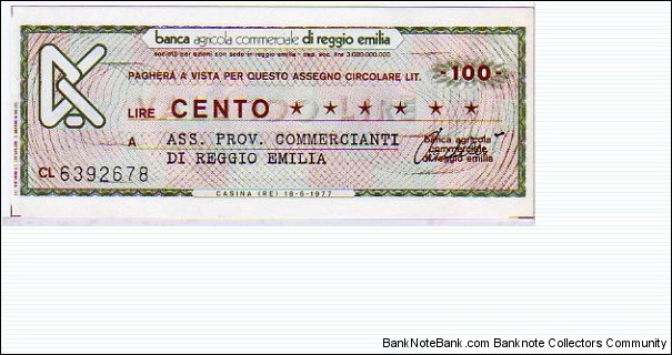 *Emergency Notes __ Local Mini-Check* __ 150 Lire__pk# NL__Banca Agricola Commerciale__18.06.1977__Casina (Reggio Emilia) Banknote