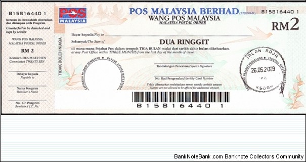 Kedah 2009 2 Ringgit postal order. Banknote