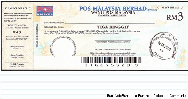Kedah 2009 3 Ringgit postal order. Banknote