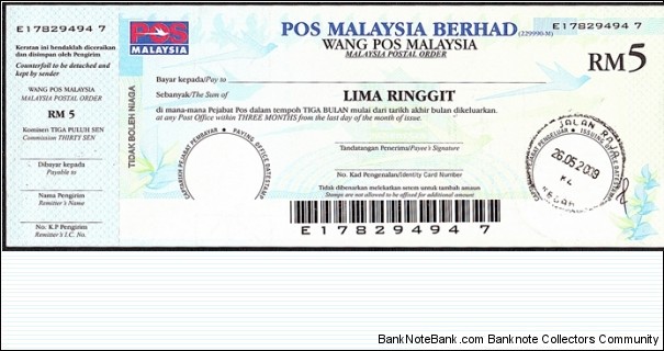 Kedah 2009 5 Ringgit postal order. Banknote