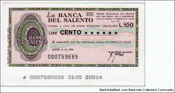 *Emergency Notes __ Local Mini-Check* __ 100 Lire __ pk# NL__La Banca del Salento__06.12.1976__Lecce Banknote
