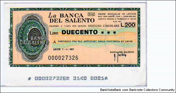 *Emergency Notes __ Local Mini-Check* __ 200 Lire__pk# NL__La Banca del Salento__01.04.1977__Lecce Banknote