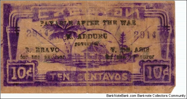 S-174a Cagayan 10 centavo note with black text. Banknote