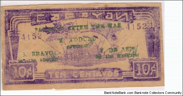 S-174b Cagayan 10 centavo note with green text. Banknote
