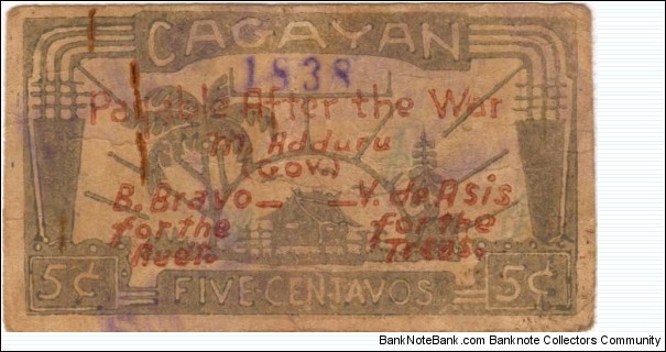 S-178b Cagayan 5 centavo note with red text. Banknote