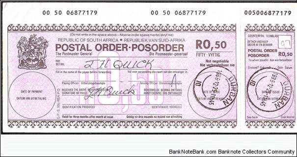 South Africa 1986 50 Cents postal order. Banknote