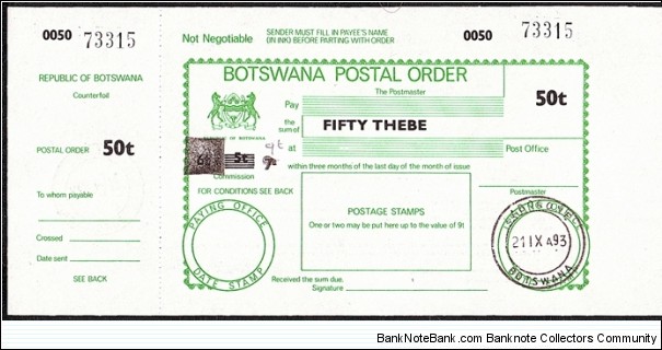 Botswana 1993 50 Thebe postal order. Banknote