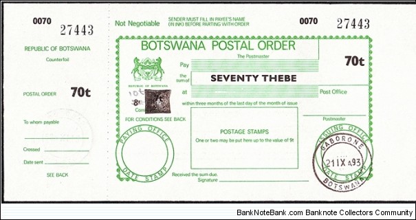 Botswana 1993 70 Thebe postal order. Banknote