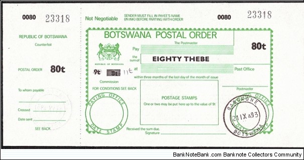 Botswana 1993 80 Thebe postal order. Banknote