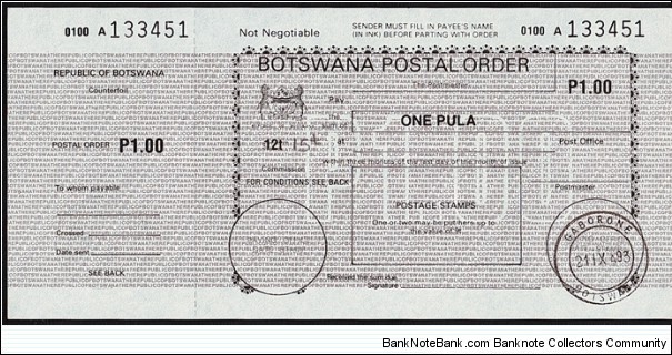 Botswana 1993 1 Pula postal order. Banknote