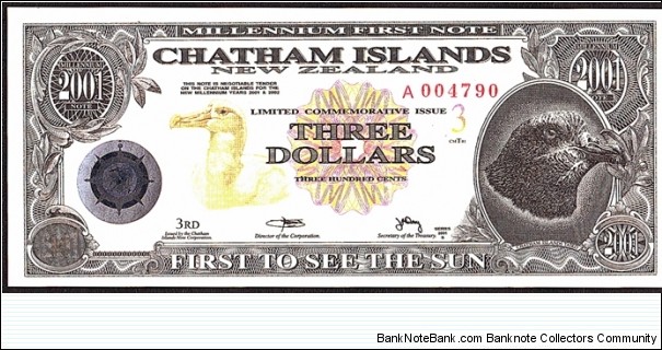 Chatham Islands 2001 3 Dollars (300 Cents). Banknote
