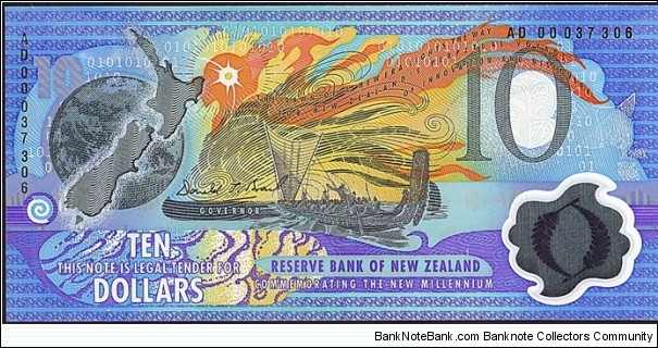 New Zealand 2000 10 Dollars. Banknote
