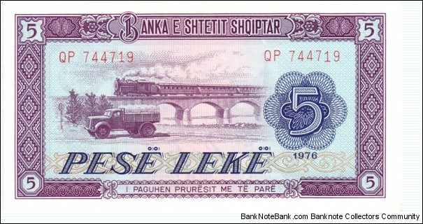 Albania P42a (5 leke 1976) Banknote