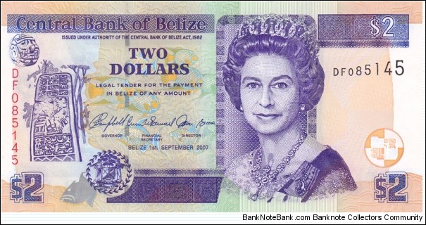 Belize P66c (2 dollars 1/9-2007) Banknote
