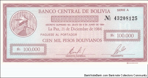 Bolivia P188 (100000 pesos bolivianos 21/12-1984) Banknote