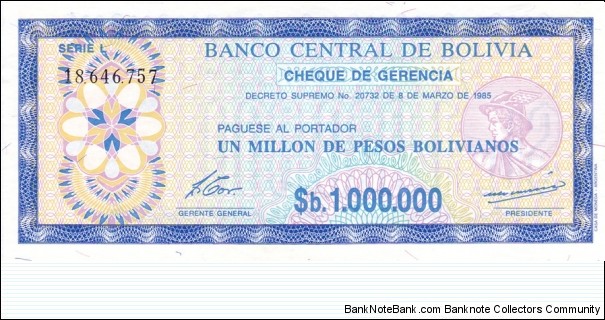 Bolivia P192Ca (1000000 pesos bolivianos 8/3-1985) Banknote
