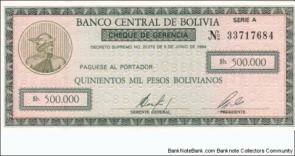 Bolivia P198 (50 centavos on 500000 pesos bolivianos ND 1987) Banknote