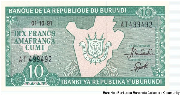 Burundi P33b (10 francs 1/10-1991) Banknote