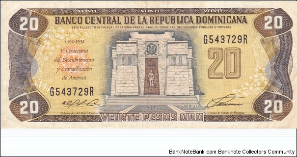 Dominican Republic P139a (20 pesos oro 1992) Banknote