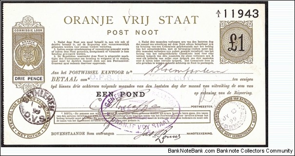 Orange Free State 1899 1 Pond postal note. Banknote