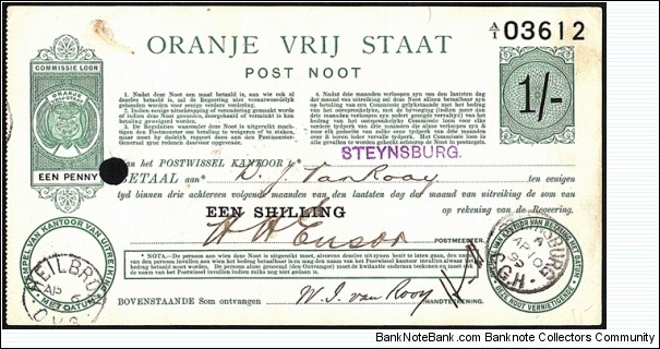 Orange Free State 1899 1 Shilling postal note.

Cashed at Steynsburg,Cape of Good Hope.

This proves that the South African Postal Union Convention was in force,albeit,briefly. Banknote