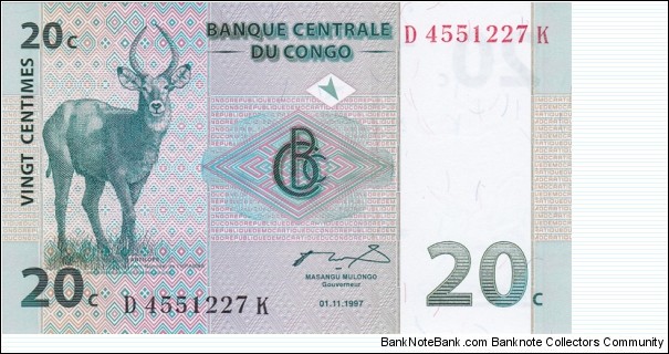 Congo (Demokratic Republic) P83a (20 centimes 1/11-1997) Banknote