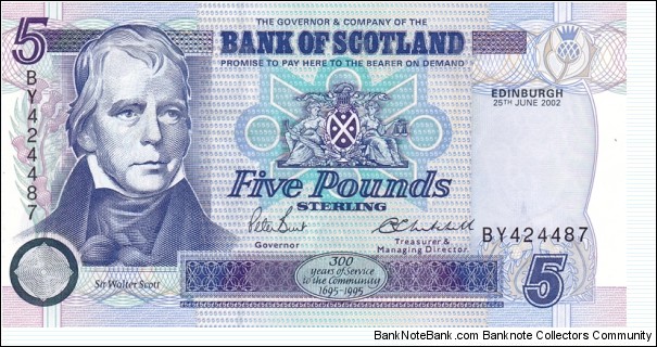 Scotland P119d (5 pounds 25/6-2002) Bank of Scotland Banknote