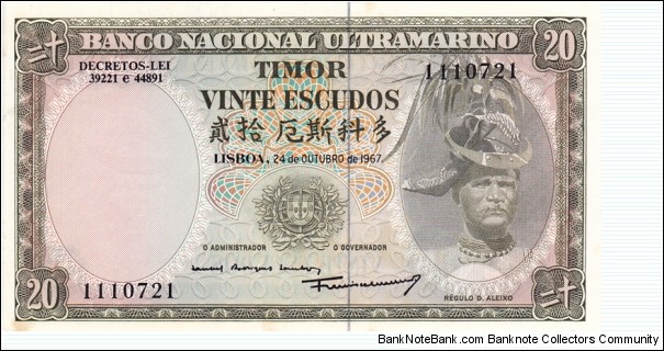 Portuguese Timor P26a (20 escudos 24/10-1967 Sign 7) Banknote