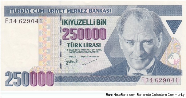 Turkey P211 (250000 lira 1998) Banknote