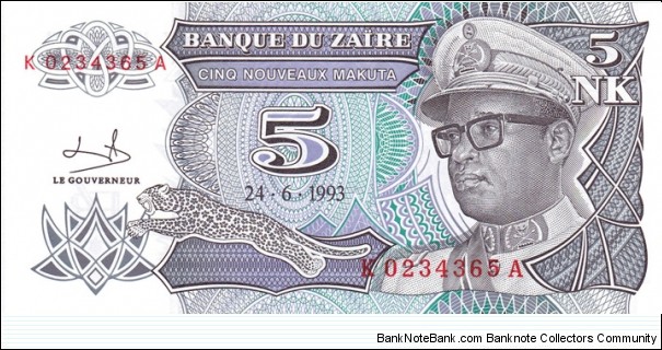 Zaire P48 (5 nouveaux makuta 24/6-1993) Banknote