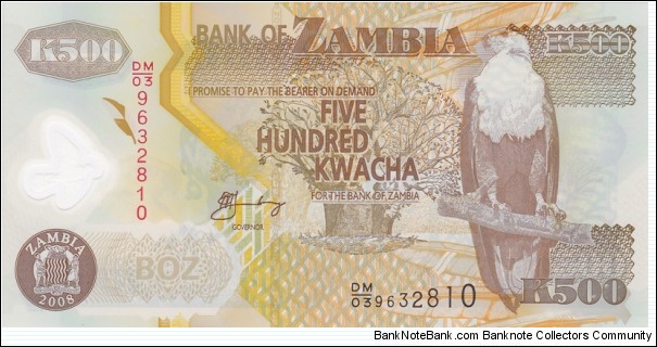 Zambia P43f (500 kwacha 2008) Polymer Banknote