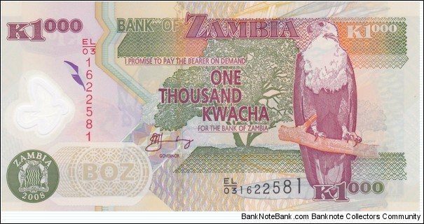 Zambia P44f (1000 kwacha 2008) Polymer Banknote