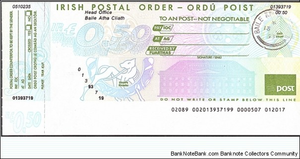 Ireland 1993 50 Pence postal order. Banknote