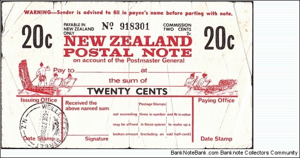 New Zealand 1973 20 Cents postal note. Banknote