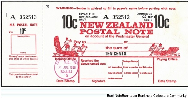 New Zealand 1986 10 Cents postal note.

Last Day of Issue. Banknote