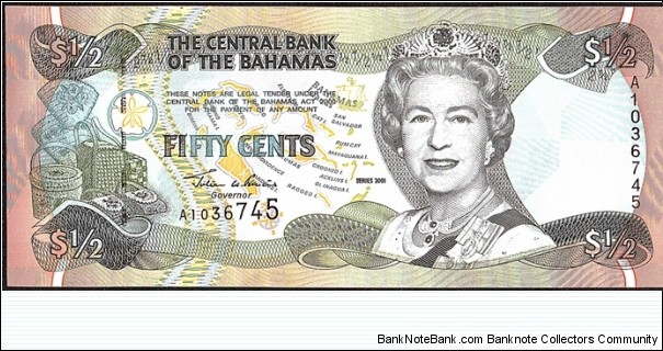 Bahamas 2001 50 Cents (1/2 Dollar). Banknote