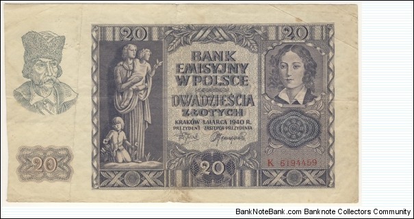 20 Zloty (dated at 7 months after Nazi occupation in March 1940) Banknote