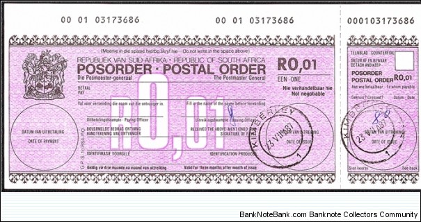 South Africa 1987 1 Cent postal order. Banknote