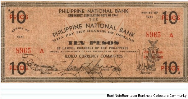S-308 RARE Philippine National Bank 10 Pesos note with hand signed signatures Banknote