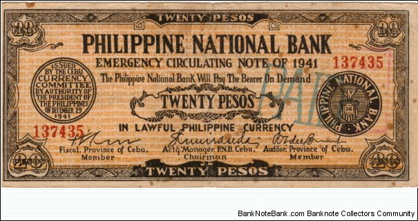 S-382h RARE Philippine National Bank 20 Pesos note used for Free Lanao Provisional Government with overprint's on reverse. Banknote