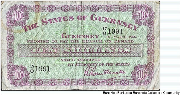 Guernsey 1965 10 Shillings. Banknote