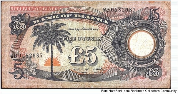 Biafra N.D. 5 Pounds.

A note that seldomly turns up. Banknote