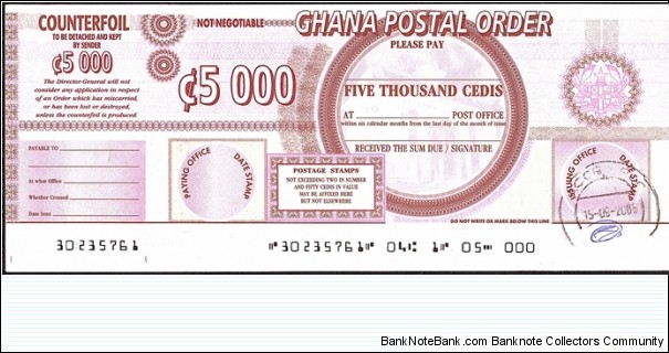 Ghana 2005 5,000 Cedis postal order. Banknote