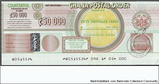 Ghana 2001 50,000 Cedis postal order. Banknote